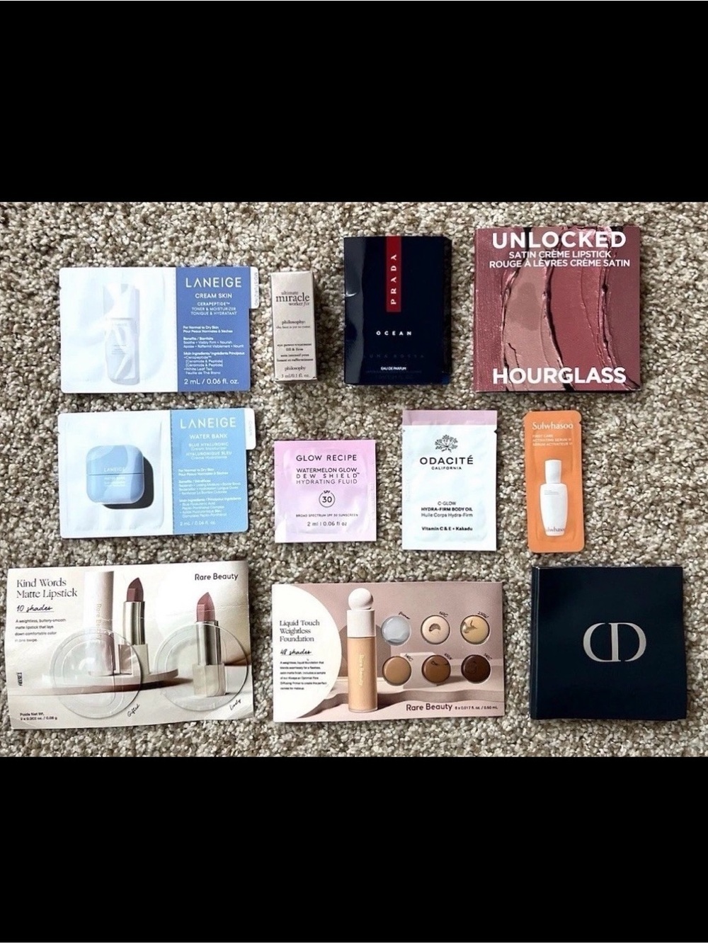 Sephora Beauty & Skin 10 Pc Sample Set-Dior, Rare Beauty, Laneige, Glow Recipe